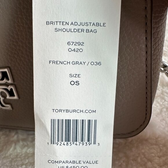 NWT! Tory Burch Britten Adjustable Shoulder Bag Pebble Leather Grey Silver 67292 - Picture 11 of 11